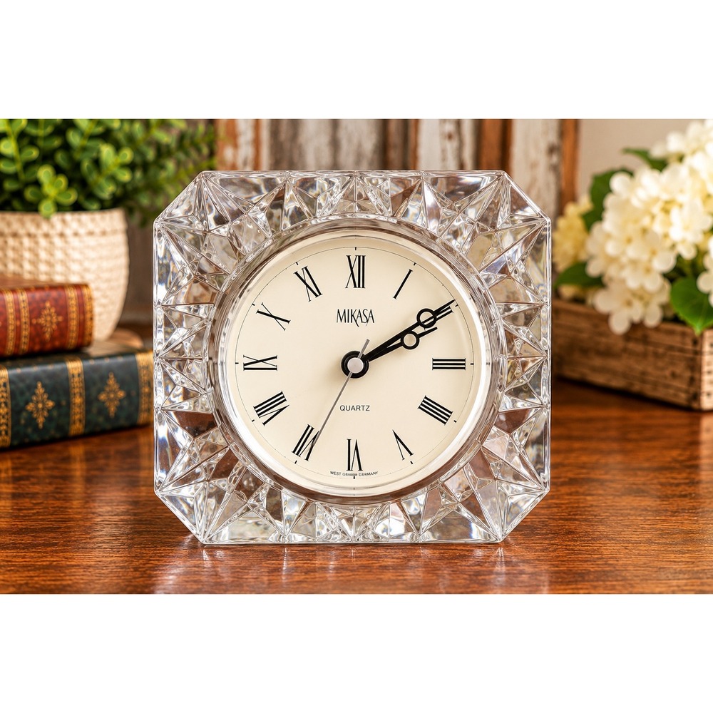 Mikasa Crystal Desk Clock Square Diamond Cut Quartz West Germany Austria Vintage